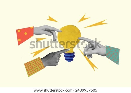 Creative image photo collage huge lightbulb human hands finger pointing find solution task decision inspiration white background Royalty-Free Stock Photo #2409957505