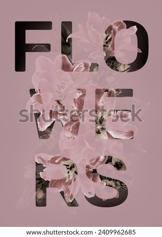 Text FLOWERS on pink tulips and ornithogalum flowers on dark background. Poster. 