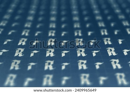 Calligraphic white on dark blue letter R learning skills paper page. Calligraphy letters r background. Lettering practice writing worksheet. Handwriting symbol filling pattern. Royalty-Free Stock Photo #2409965649