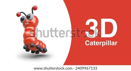 Red 3D caterpillar, bottom view. Funny character with bulging eyes. Detailed larva with antennae and teeth. Garden pest, plant eater. Poisonous red caterpillar