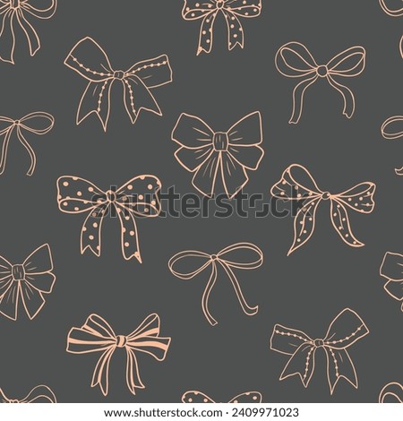 Seamless vector pattern with peach colored feminine bows outlines on charcoal grey, line art