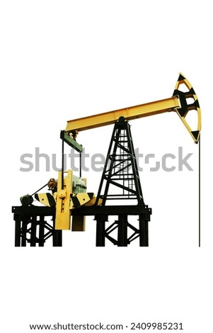 Petroleum concept. Oil pump rig. Oil and gas production. Oilfield site. Pump Jack isolated on a white background. Drilling derricks for fossil fuels output and crude oil production.