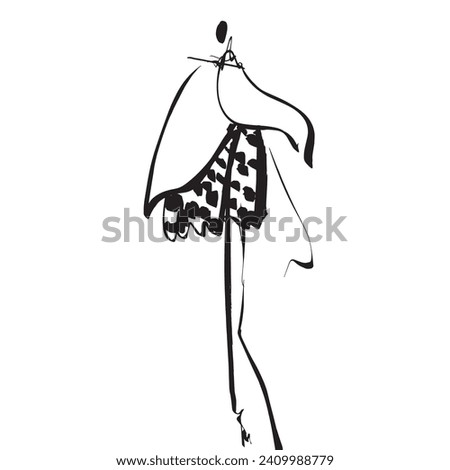 Fashion Model Illustration, Stylish Sketch. Hand Drawn Outfit look. Fashion Designer Style.Stylized Fashion Model Print. Placement Print. Black and white Drawing.