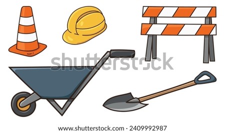 Construction equipment element set of colored doodle vector illustrations. Isolated on white background. Striped cone, Hard hat, Road barrier, Shovel, Wheelbarrow.