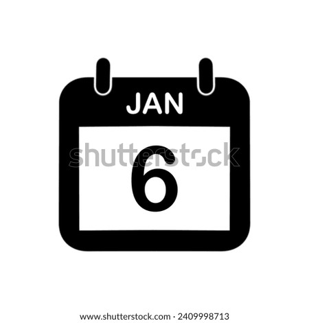 Simple black calendar icon with 6 january date isolated on white
