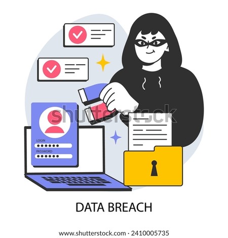 Data breach or leak. Confidential information database breakout. Cybersecurity threat. Hacker got access to a database. Flat vector illustration Royalty-Free Stock Photo #2410005735