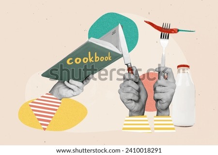 Composite collage picture image of hands hold cutlery cookbook recipe cook food meal dinner bizarre unusual fantasy billboard comics