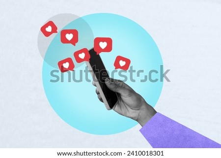 Creative collage picture illustration black white filter hand hold scrolling social media news post like reaction sketch white background