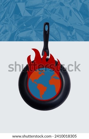 Vertical creative collage picture food warm up fry pan burn planet change climate global problems fire destroyed damaged world template
