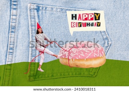 Creative image collage picture postcard happy birthday greeting cheerful young girl standing huge sweet donut bakery jeans background