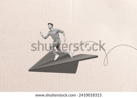 Photo collage picture image running retro young man running paper airplane flying towards aim target reach success white background