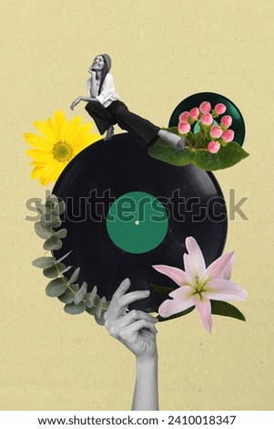 Vertical creative collage picture chill beauty tenderness lady pose miniature big hand hold vinyl plate flowers spring summer bloom