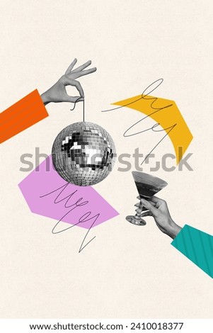 Vertical collage creative poster black white filter two hand abstract hold glass disco ball party retro alcohol toast sketch template Royalty-Free Stock Photo #2410018377