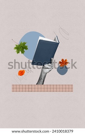 Creative collage picture collage black white arm hold book autumn weather falling leaf reading home comfort literature enjoy