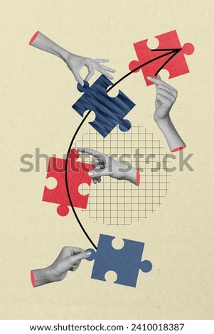Vertical image artwork photo collage creative business of four people coworkers have aim achieve solve work task connect puzzle piece