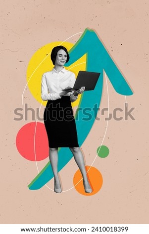 Vertical collage picture of black white colors elegant girl use laptop growing arrow upwards isolated on beige background
