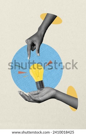 Vertical collage creative poster monochrome effect idea brainstorm mind eureka touch hold hand levitation colorful exclusive template