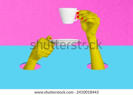 Horizontal magazine photo collage of two hands hold teacup drink hot tasty coffee concept of break rest pause on creative background