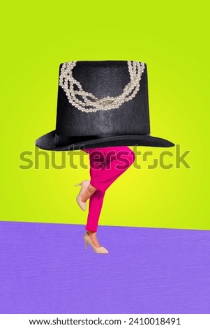 Vertical collage creative poster caricature half style woman suit hills pose focus hat funny dance style exclusive colorful background