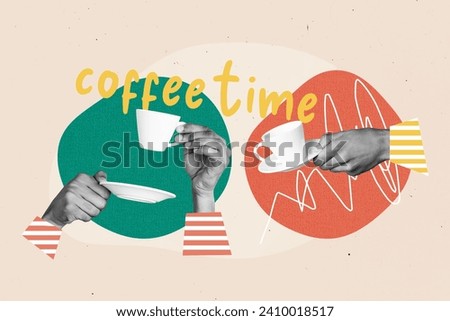 Creative drawing collage picture of hands hold cups coffee time pause restaurant enjoy breakfast bizarre unusual fantasy billboard comics