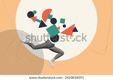Creative collage picture illustration black white filter caricature half people jump run element colorful figure doodle beige background