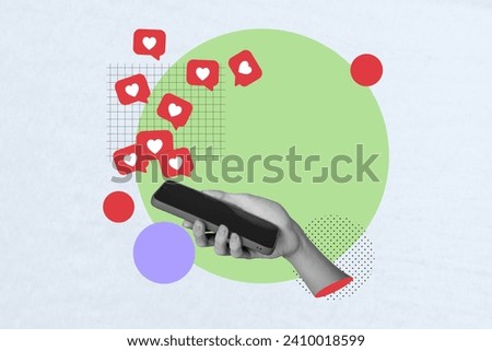 Collage creative poster monochrome effect hand hold smartphone social media network app popular follow like exclusive banner Royalty-Free Stock Photo #2410018599