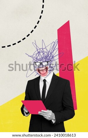 Vertical collage picture of black white colors elegant person painted mess eyeglasses mouth instead head use tablet isolated on creative background
