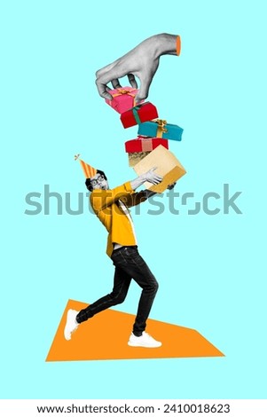 Vertical poster picture creative collage funny young birtday man carry presents many gifts celebration event party festive good mood