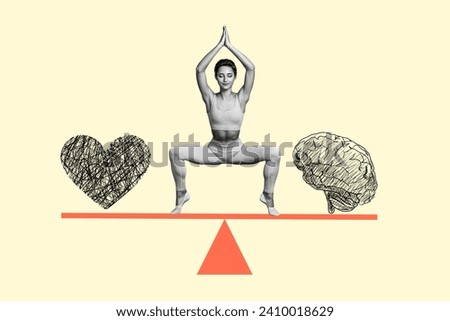 Collage image picture of concentrated woman mediating balancing between feelings and intelligence isolated on drawing background