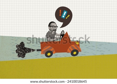 3d retro abstract creative artwork template collage of funny man driving car shocked nervous scream billboard comics zine minimal concept