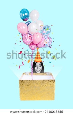Vertical funny greeting card collage of young cheerful woman celebrating birthday open big gift box to look at present air balloons party celebration