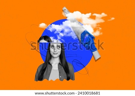 Horizontal surreal photo collage of young girl with sawed off half of head hand hold saw clouds dream fantasy on colorful background