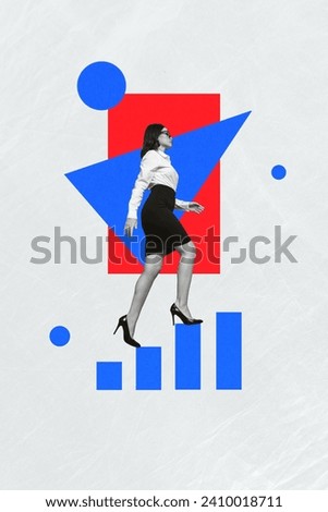 Vertical geometric photo collage of confident bossy woman in formal wear climbing up career stairs reaching goal on creative background
