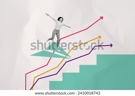 Creative image collage picture happy young girl riding flying paper airplane towards success progress arrows stairs path upwards
