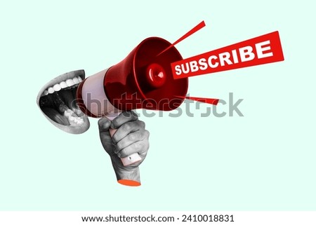 Collage illustration poster banner picture human mouth arm hold loudspeaker announce promotion subscribe share social network