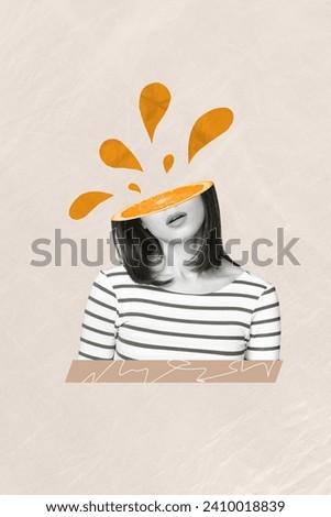 Vertical collage creative poster monochrome effect headless young woman confused unhappy think half juicy fruit beige background