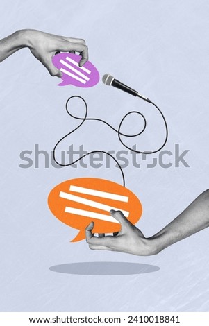 Vertical contemporary photo collage of hands holding message text bubble microphone voice recording connection on creative background