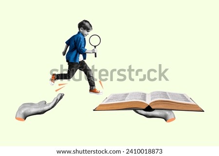 Photo collage picture banner young small schoolkid boy searching magnifying loop arm hold book story reader homework study