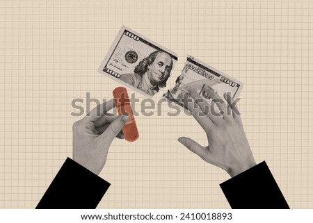 Creative collage image of hands fixing plaster torn hundred dollar banknote banking earn money billboard comics zine minimal concept