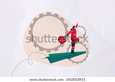 Creative picture collage of young woman paramedic running flying paper airplane first aid with bag fix mechanism over gray background