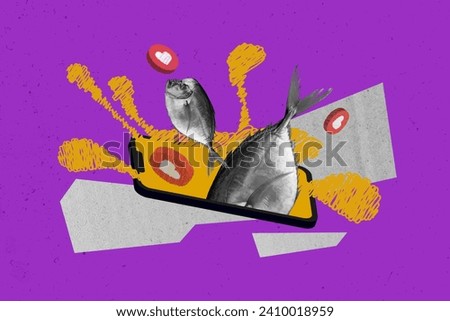 Artwork collage picture of piranha fish swim splash big smart phone screen like heart notification isolated on violet background