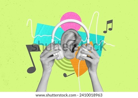 Photo poster collage illustration of human ear listen wired headset mp3 radio playlist entertainment chill isolated on green background Royalty-Free Stock Photo #2410018963