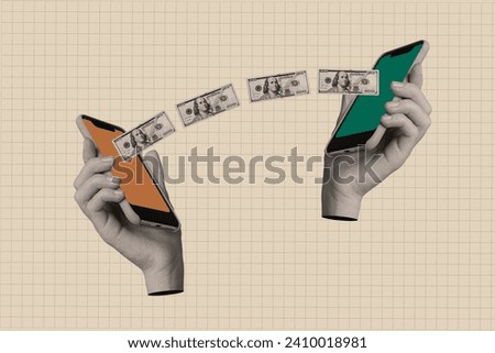 Horizontal minimal photo collage surreal two hands hold smartphones send money instant payment income on creative background