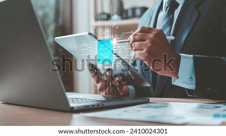 artificial intelligence, board, circuit, electronic, digital, motherboard, network, processor, technology, microchip. businessman pen draws hud ai technology chipset and circuit embracing innovation. Royalty-Free Stock Photo #2410024301