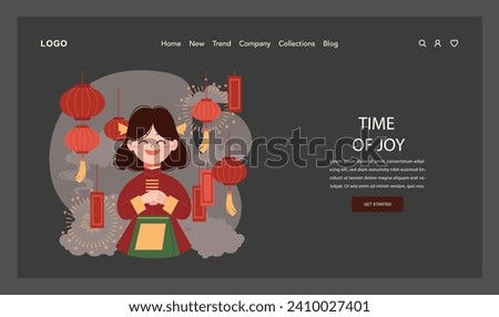 Chinese New Year tradition web banner or landing page dark or night mode. Asian family festive leisure. Characters celebrate with fireworks, lantern and dragon dance. Flat vector illustration