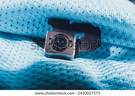 Close-up of camera sensor chip on cloth background