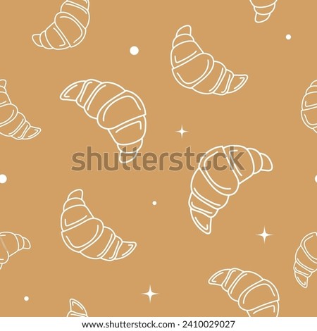 Vector illustration. Contour seamless pattern with cute croissant sketch style. Hand drawn food elements. Desserts and sweets festive pattern for textiles, wallpaper, packaging, wrapping paper.