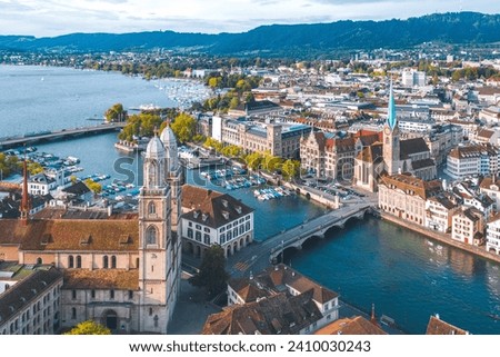 The city of Zurich, Switzerland, is a beautiful and vibrant city located on the shores of Lake Zurich. The city is home to a variety of historical and cultural attractions. Royalty-Free Stock Photo #2410030243