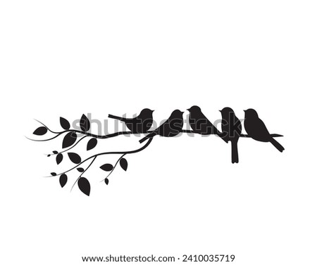 Birds on branch silhouette, vector. Wall decals, wall artwork, Birds on tree design.  Minimalist black and white art design isolated on white background, poster design