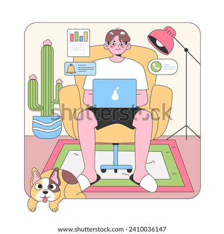 Home office scenario. Young man focuses on his laptop, with attentive Corgi laying by, surrounded by vibrant indoor elements. Comfy workspace. Warm lighting. Lush cactus. Flat vector illustration